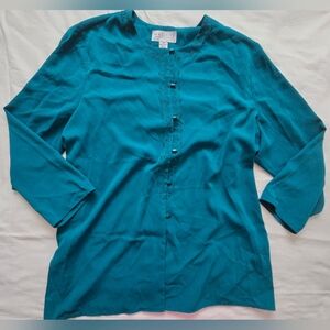 Womens Elegant Teal Embrodered Button-Down Plus Size 3X 3/4 Sleeved Shirt Blouse